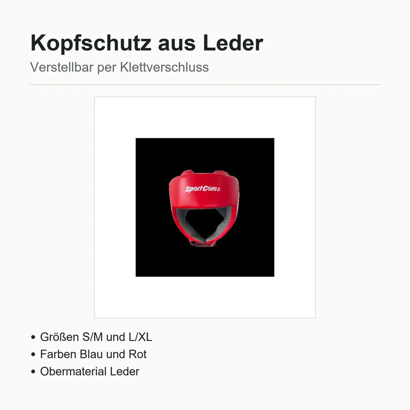 Technische Daten Boxhelm aus Leder: Größen S/M und L/XL, Farben Blau und Rot, Klettverschluss verstellbar