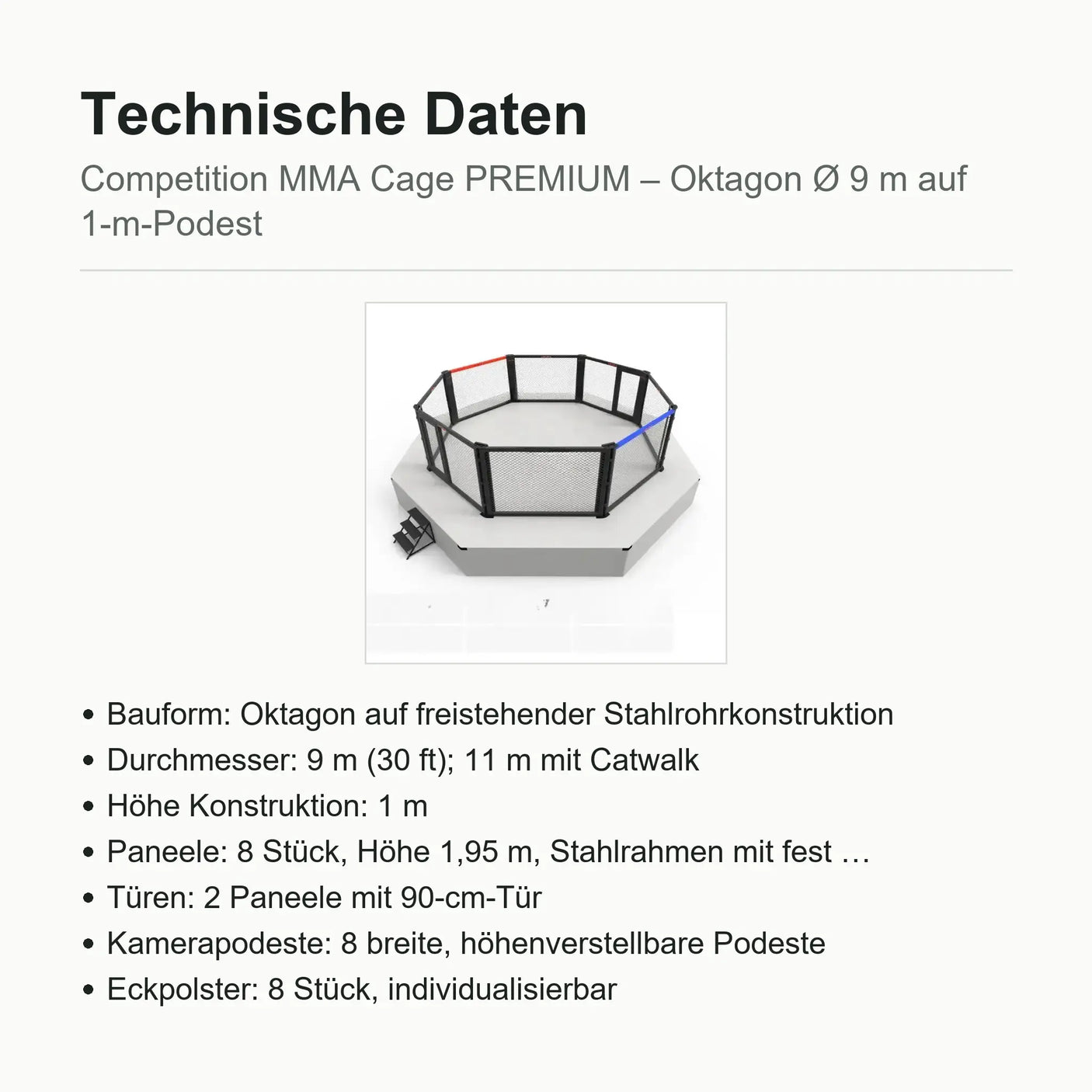 Technische Daten Competition MMA Cage PREMIUM: Oktagon Ø 9 m, Paneele 1,95 m, 8 Kamerapodeste