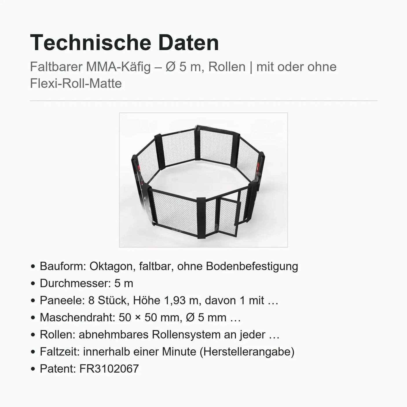 Technische Daten faltbarer MMA-Käfig: Ø 5 m, 8 Paneele × 1,93 m, Rollen, Patent FR3102067