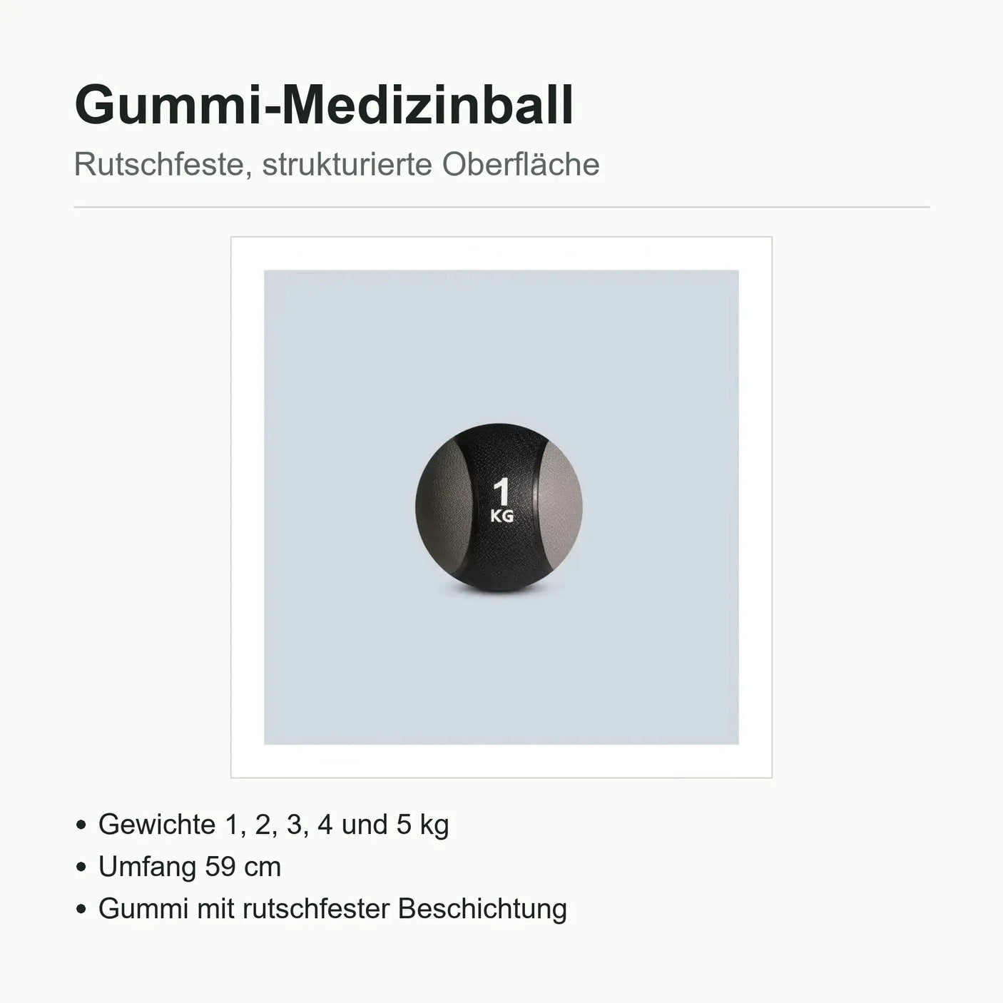 Technische Daten Gummi-Medizinball Sveltus: Gewichte 1 bis 5 kg, Umfang 59 cm, rutschfeste Beschichtung