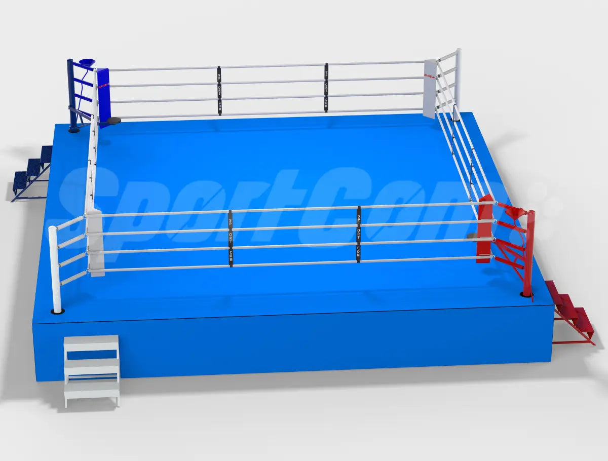 Internationaler Wettkampf-Boxring – Produktdarstellung mit Treppe und Seilspannung