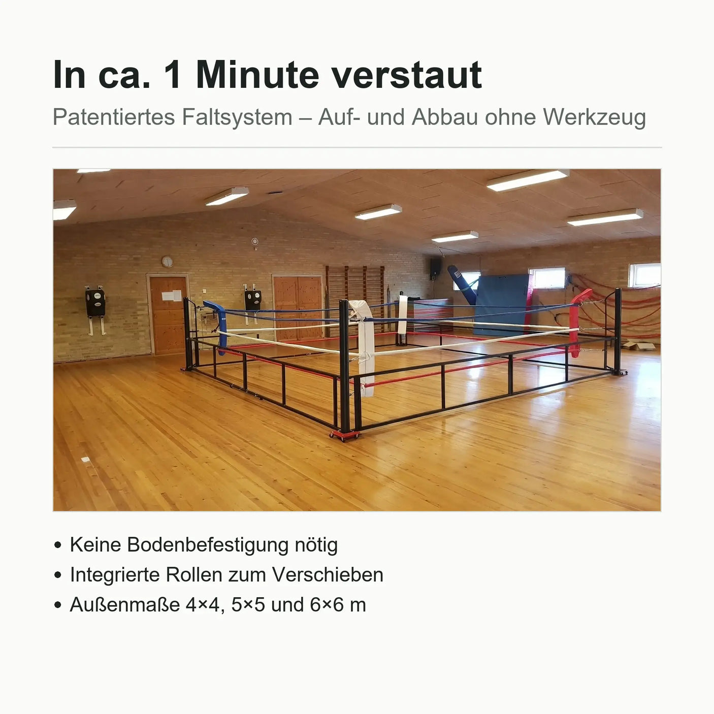 Klappbarer Boxring in der Sporthalle – patentiertes Faltsystem, in ca. 1 Minute verstaut