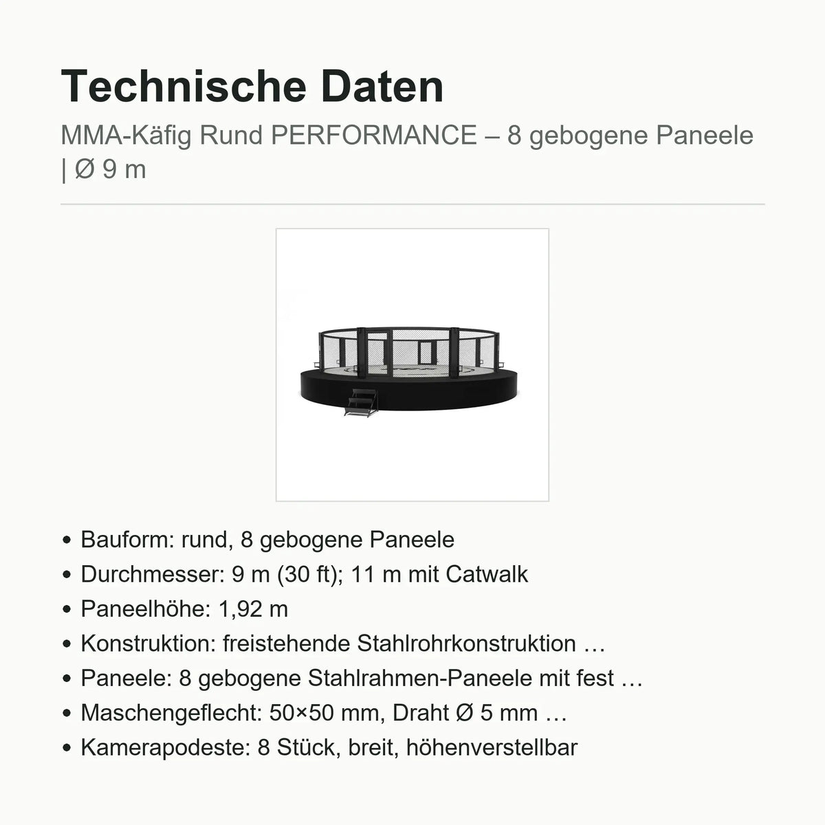 Technische Daten runder MMA-Käfig PERFORMANCE: Ø 9 m, 8 gebogene Paneele à 1,92 m