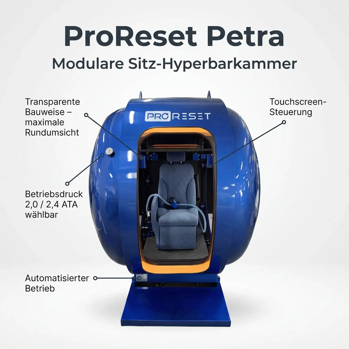 ProReset Petra Modular Seating Hyperbaric Chamber – Transparent Design, 2.0/2.4 ATA, Touchscreen