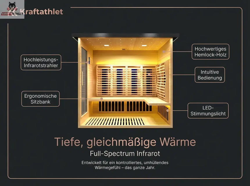 Infrared sauna with features highlighted on a black background