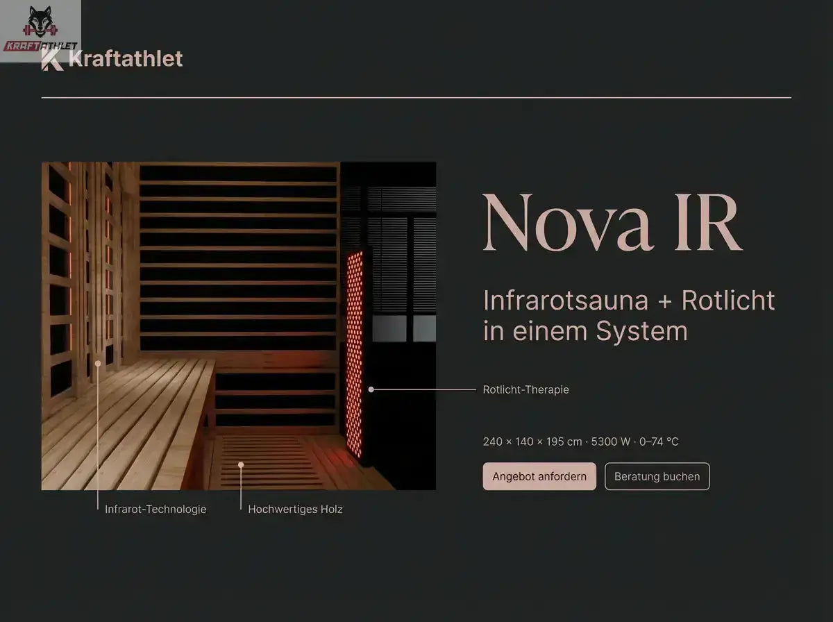 Advertisement for Kraftathlet Nova IR infrared sauna with red light, showing sauna interior and text.