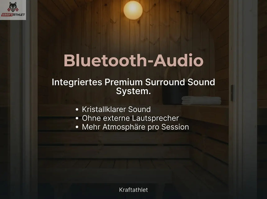 Wooden sauna interior with Bluetooth audio system text overlay