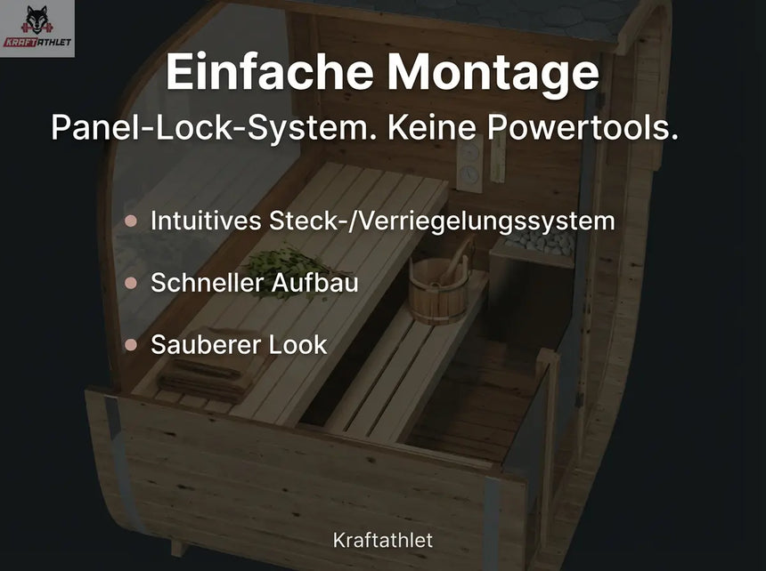 Wooden storage unit with panel-lock system and text about assembly ease and features.
