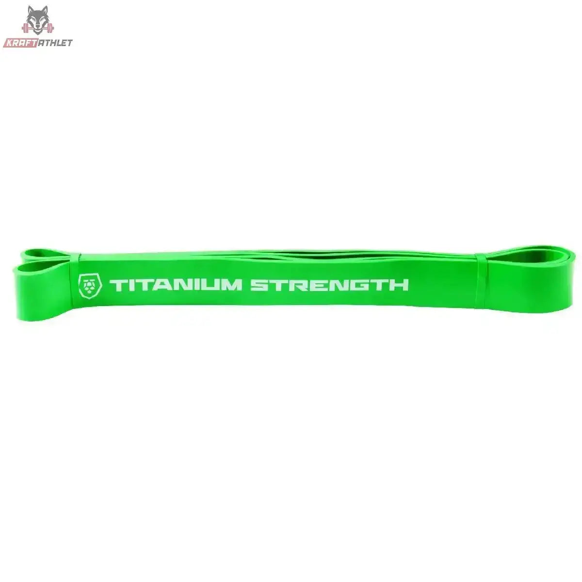 Titanium Strength RB45 Widerstandsband Grün, einzelnes Band flach liegend mit weißem Markenschriftzug, Seitenansicht
