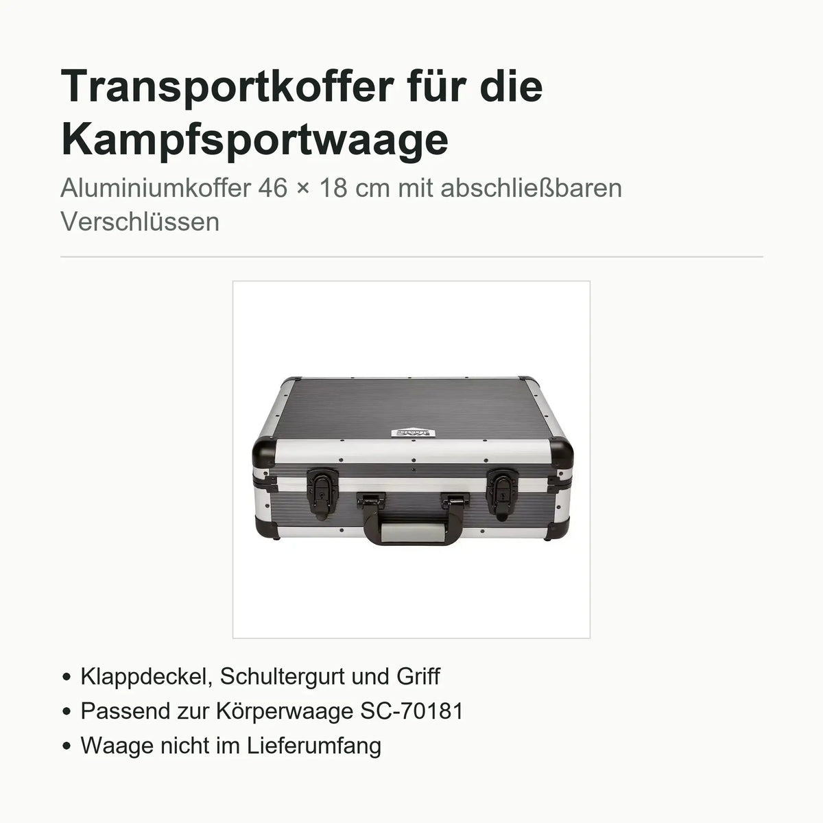 Technische Daten Transportkoffer für Kampfsportwaage: Aluminium, 46 × 18 cm, abschließbare Metallverschlüsse