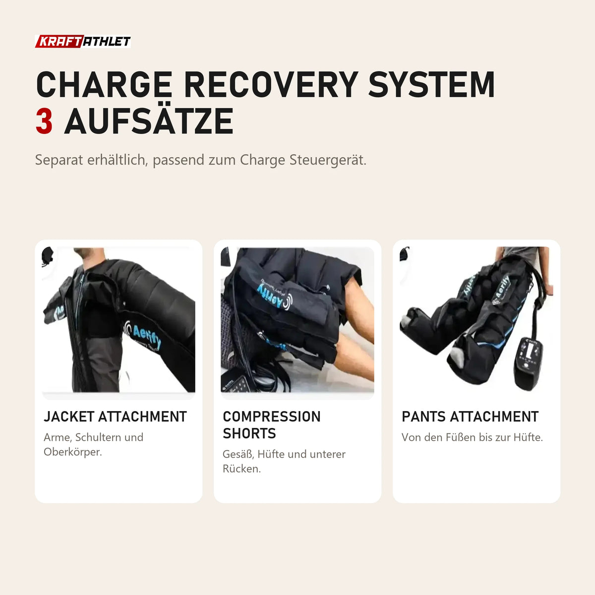 Aerify Charge Recovery System, separat erhältliche Aufsätze: Jacket, Compression Shorts und Pants