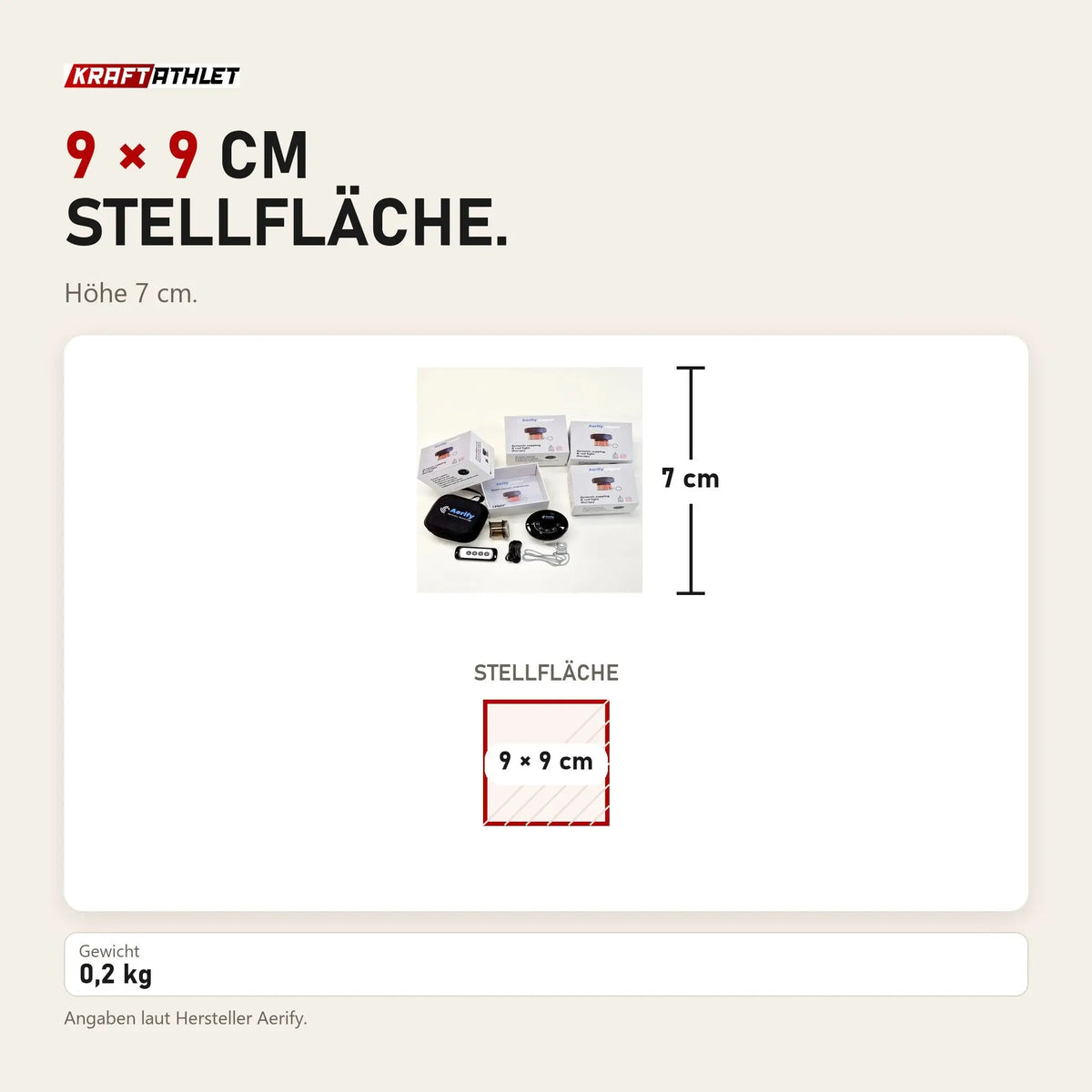 Maßbild Aerify Dynamic Cupping: Stellfläche 9 × 9 cm, Höhe 7 cm