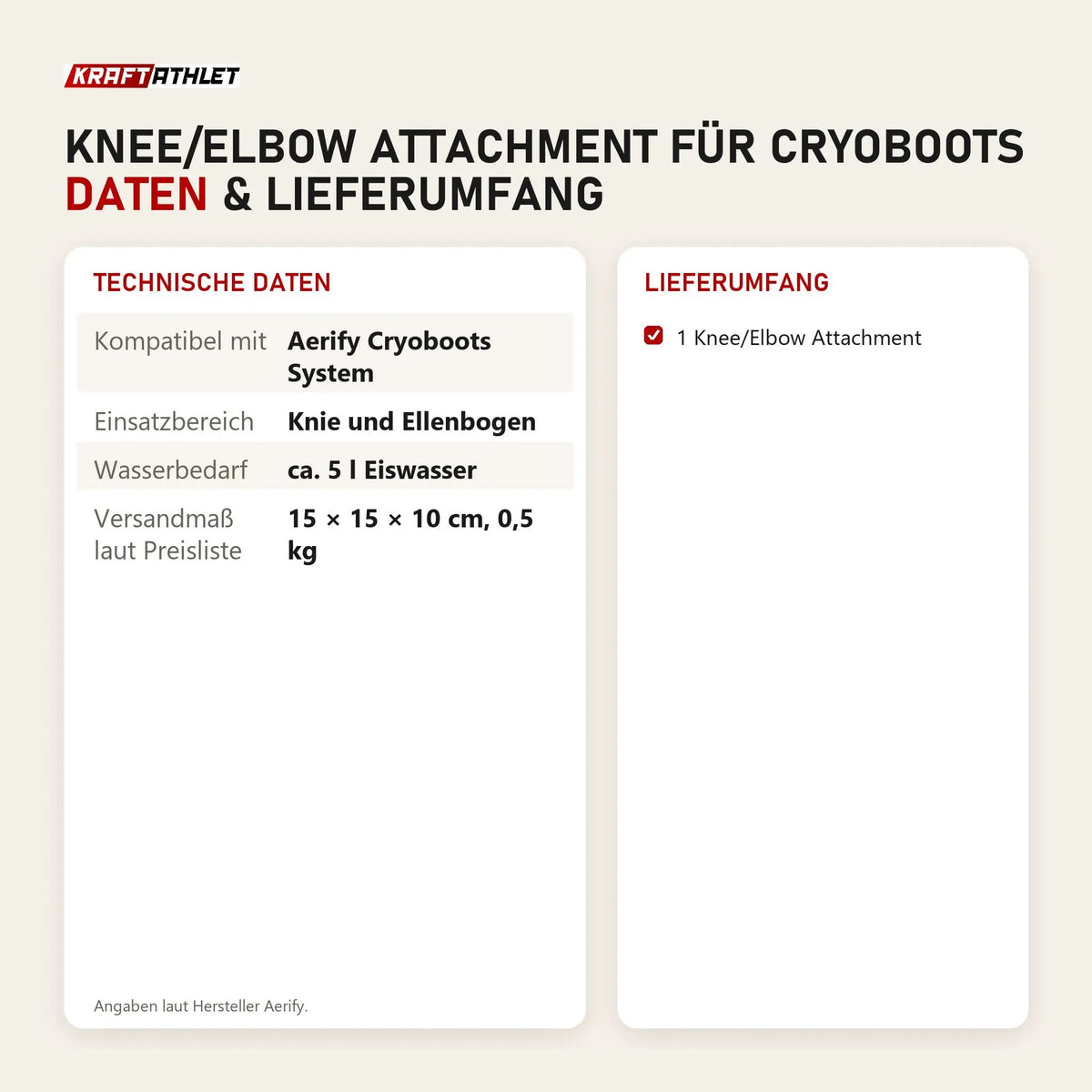 Technische Daten und Lieferumfang von Aerify Knee/Elbow Attachment für Cryoboots als Tabelle