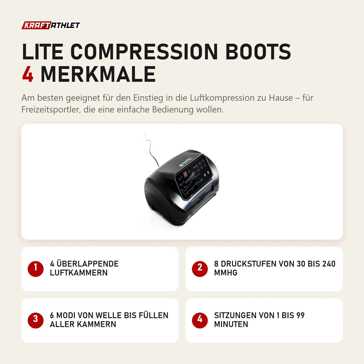 Aerify Lite Compression Boots mit 4 Merkmalen: 4 überlappende Luftkammern, 8 Druckstufen von 30 bis 240 mmHg, 6 Modi von Welle bis Füllen aller Kammern, Sitzungen von 1 bis 99 Minuten