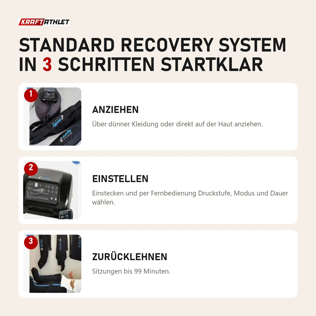 Aerify Standard Recovery System in 3 Schritten: anziehen, einstecken und einstellen, zurücklehnen
