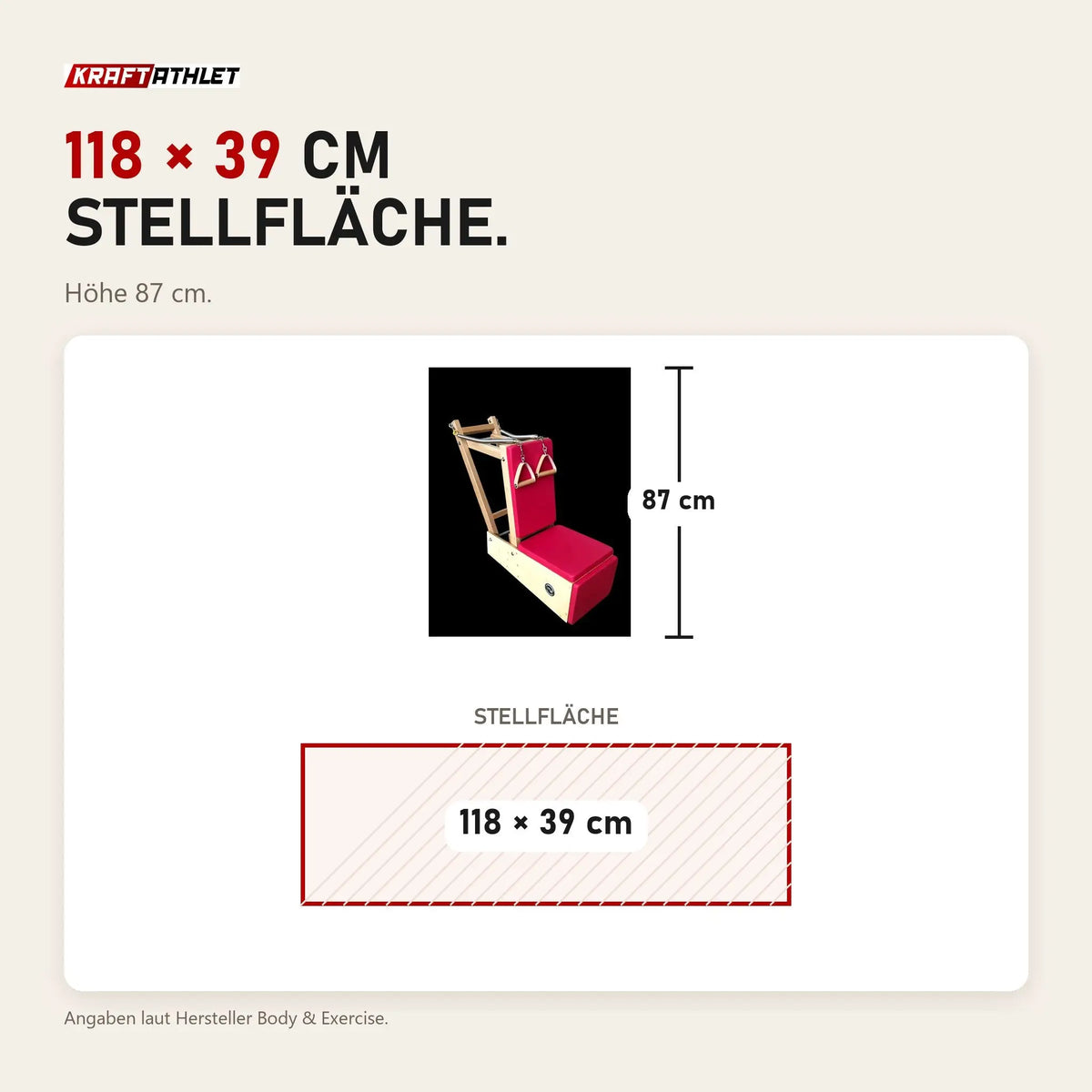 Maßbild Body & Exercise Arm Baby Chair: Stellfläche 118 × 39 cm, Höhe 87 cm