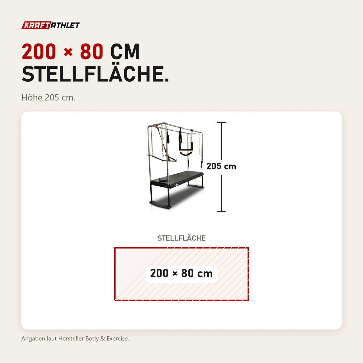 Maßbild Body & Exercise Cadillac Black Edition aus Edelstahl: Stellfläche 200 × 80 cm, Höhe 205 cm