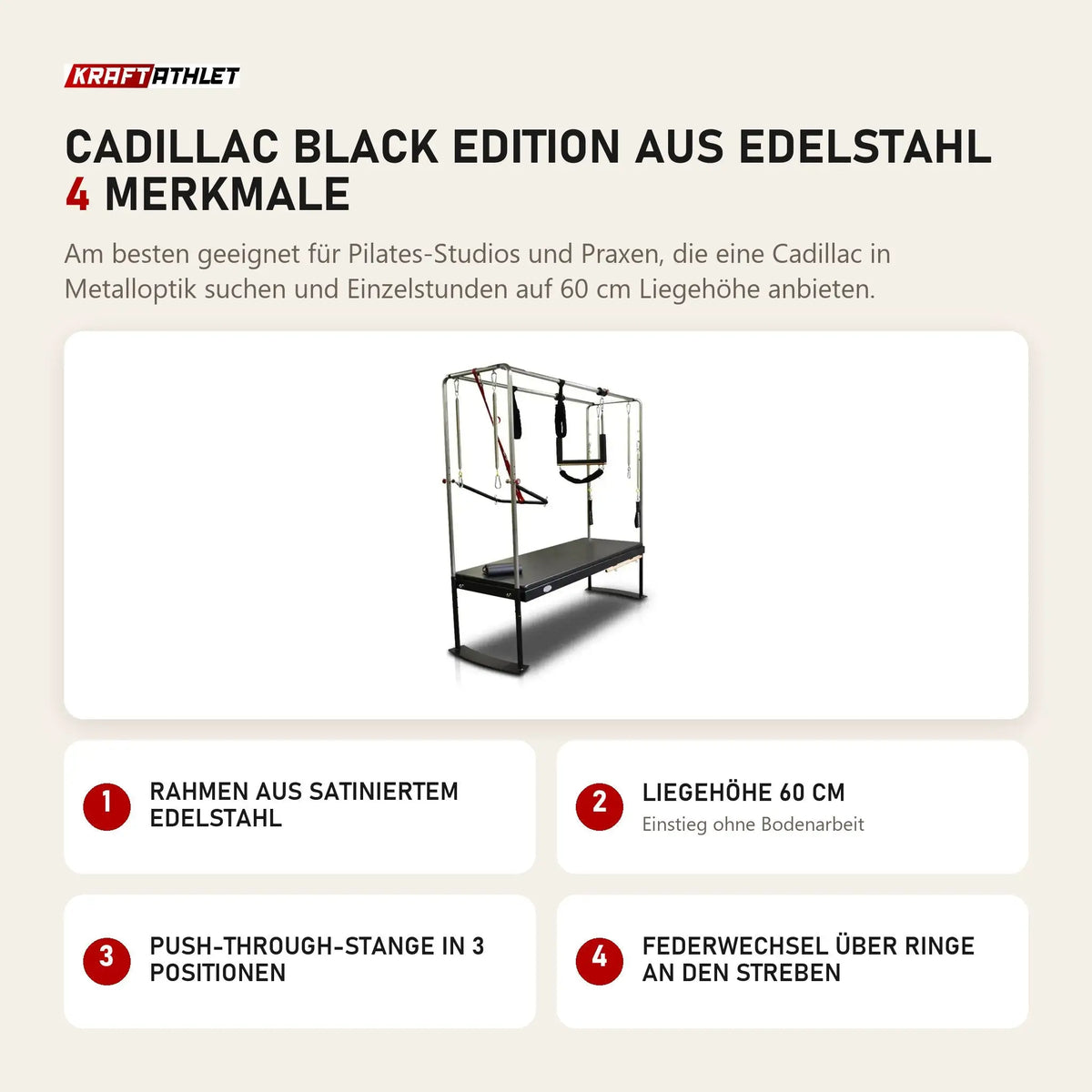 Body & Exercise Cadillac Black Edition aus Edelstahl mit 4 Merkmalen: Rahmen aus satiniertem Edelstahl, Liegehöhe 60 cm, Push-through-Stange in 3 Positionen, Federwechsel über Ringe an den Streben