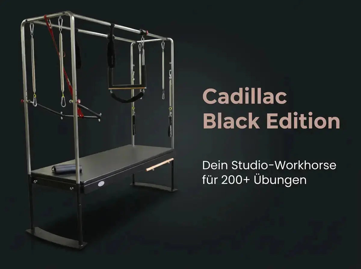 Body & Exercise Cadillac Black Edition aus Edelstahl, Seitenansicht vor dunklem Hintergrund mit Titel-Grafik