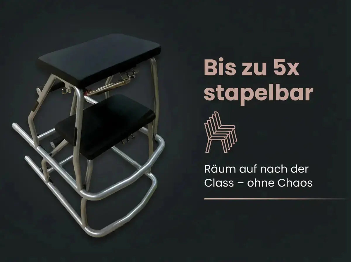 Body & Exercise Chair Salvaspazio Grafik zur Stapelbarkeit, Rahmen und Pedal in Schrägansicht