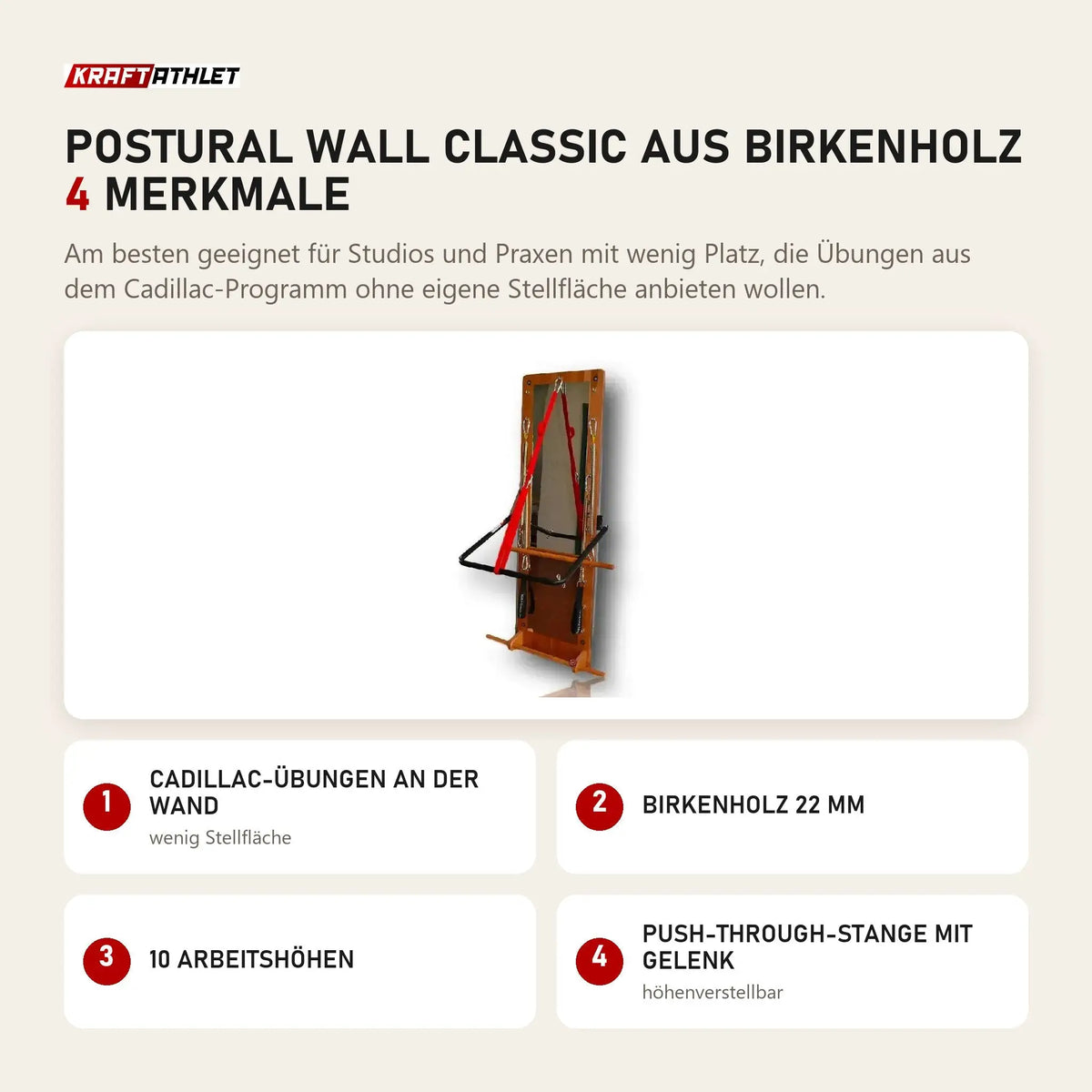 Body & Exercise Postural Wall Classic aus Birkenholz mit 4 Merkmalen: Cadillac-Übungen an der Wand, Birkenholz 22 mm, 10 Arbeitshöhen, Push-through-Stange mit Gelenk