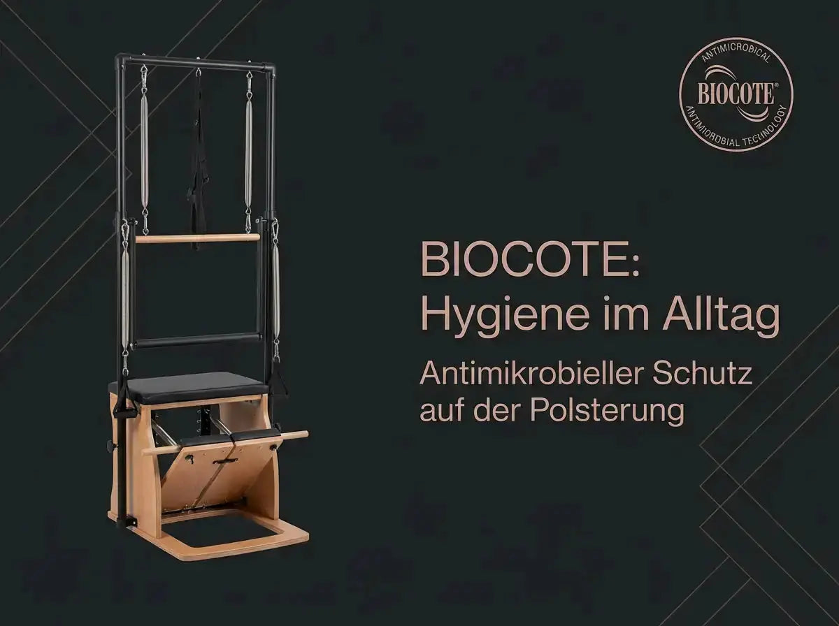 Body & Exercise Reformer Black Edition Stand Up, Grafik zum Biocote-Schutz auf der Polsterung