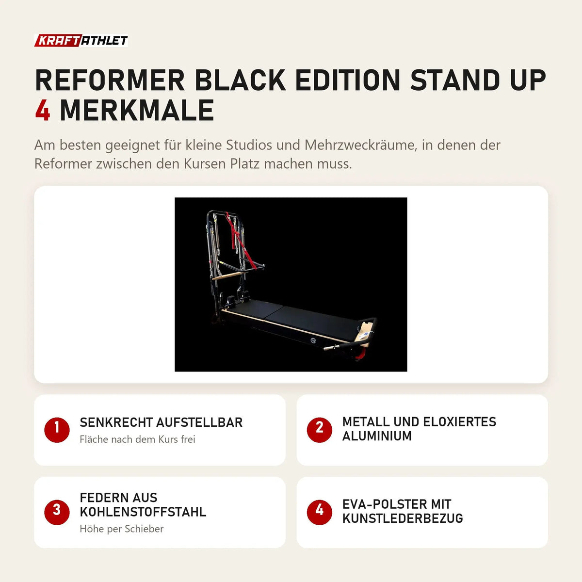 Body & Exercise Reformer Black Edition Stand Up mit 4 Merkmalen: Senkrecht aufstellbar, Metall und eloxiertes Aluminium, Federn aus Kohlenstoffstahl, EVA-Polster mit Kunstlederbezug