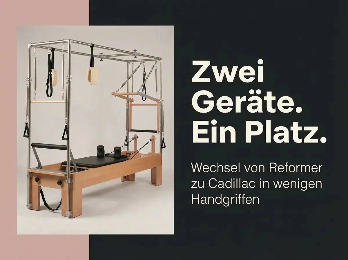 Body & Exercise Reformer Combo aus Buchenholz, Grafik: zwei Geräte auf einem Platz, schneller Wechsel