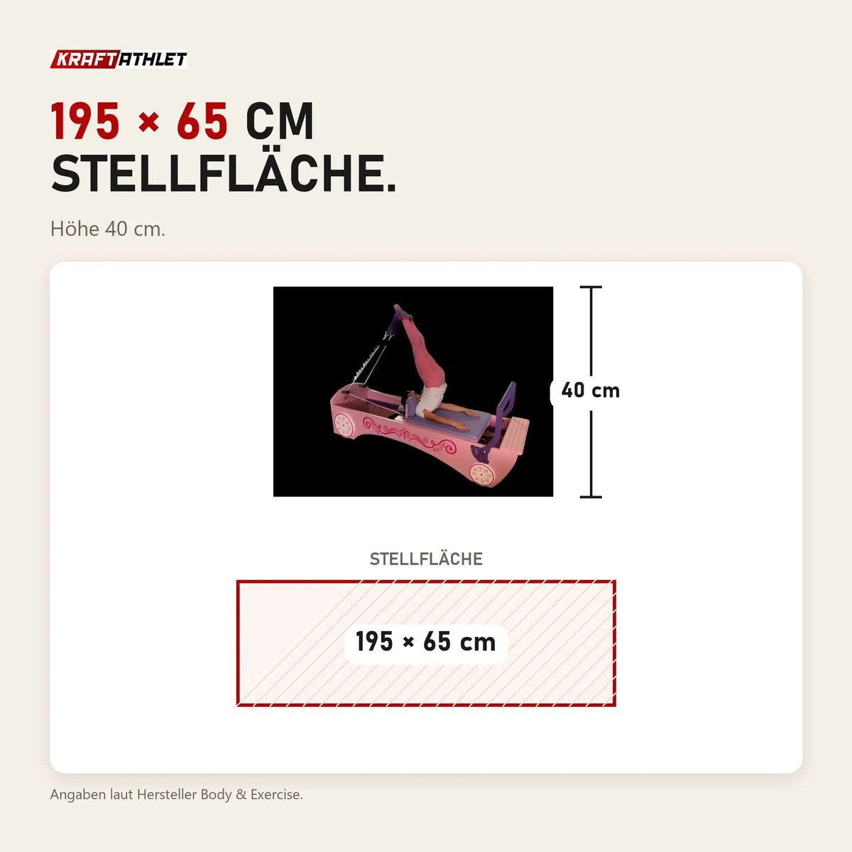Maßbild Body & Exercise Reformer Kid: Stellfläche 195 × 65 cm, Höhe 40 cm