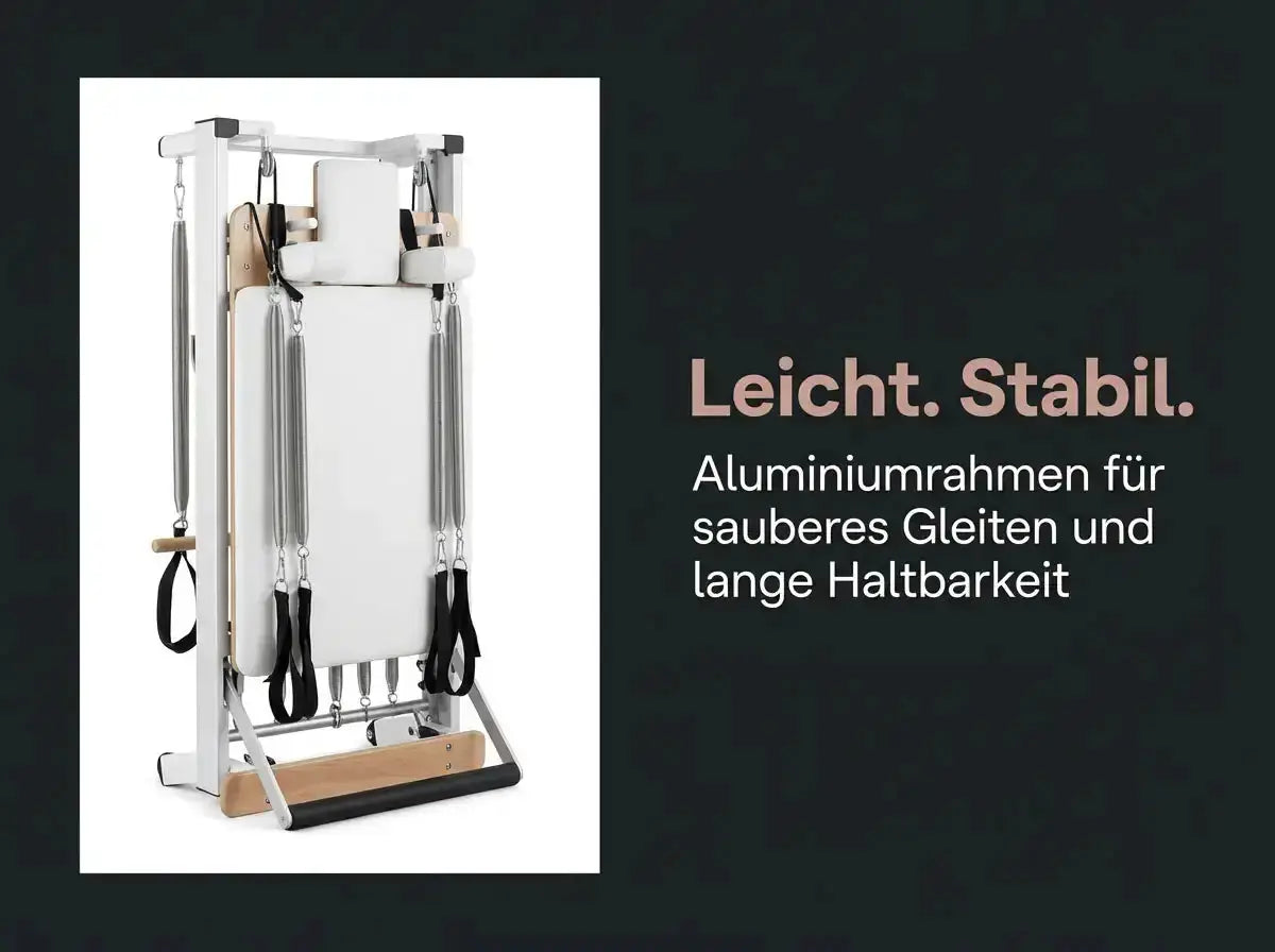 Body & Exercise Reformer Salvaspazio aus Aluminium, Grafik zum Aluminiumrahmen mit Holzfuß in Frontansicht