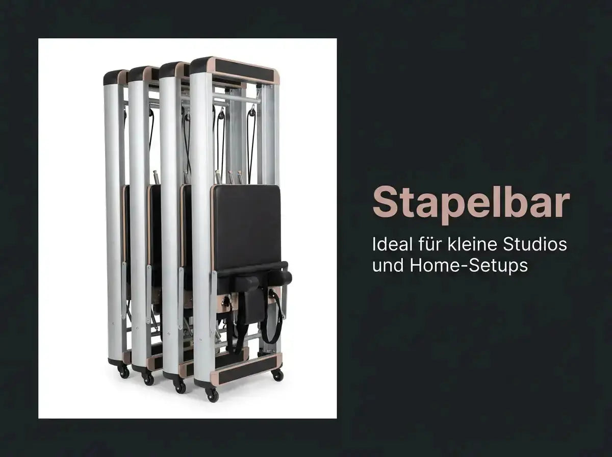 Body & Exercise Reformer Salvaspazio aus Aluminium, Grafik mit mehreren nebeneinander gestapelten Geräten
