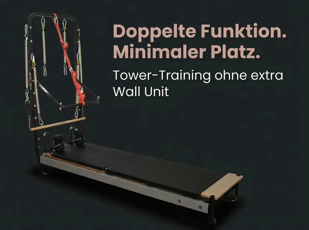 Body & Exercise Reformer Salvaspazio Tower, Grafik zur Doppelfunktion auf wenig Stellfläche