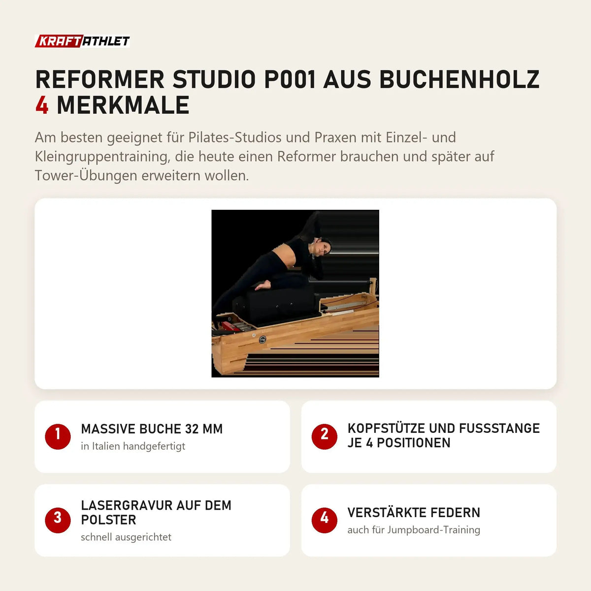 Body & Exercise Reformer Studio P001 aus Buchenholz mit 4 Merkmalen: Massive Buche 32 mm, Kopfstütze und Fußstange je 4 Positionen, Lasergravur auf dem Polster, Verstärkte Federn