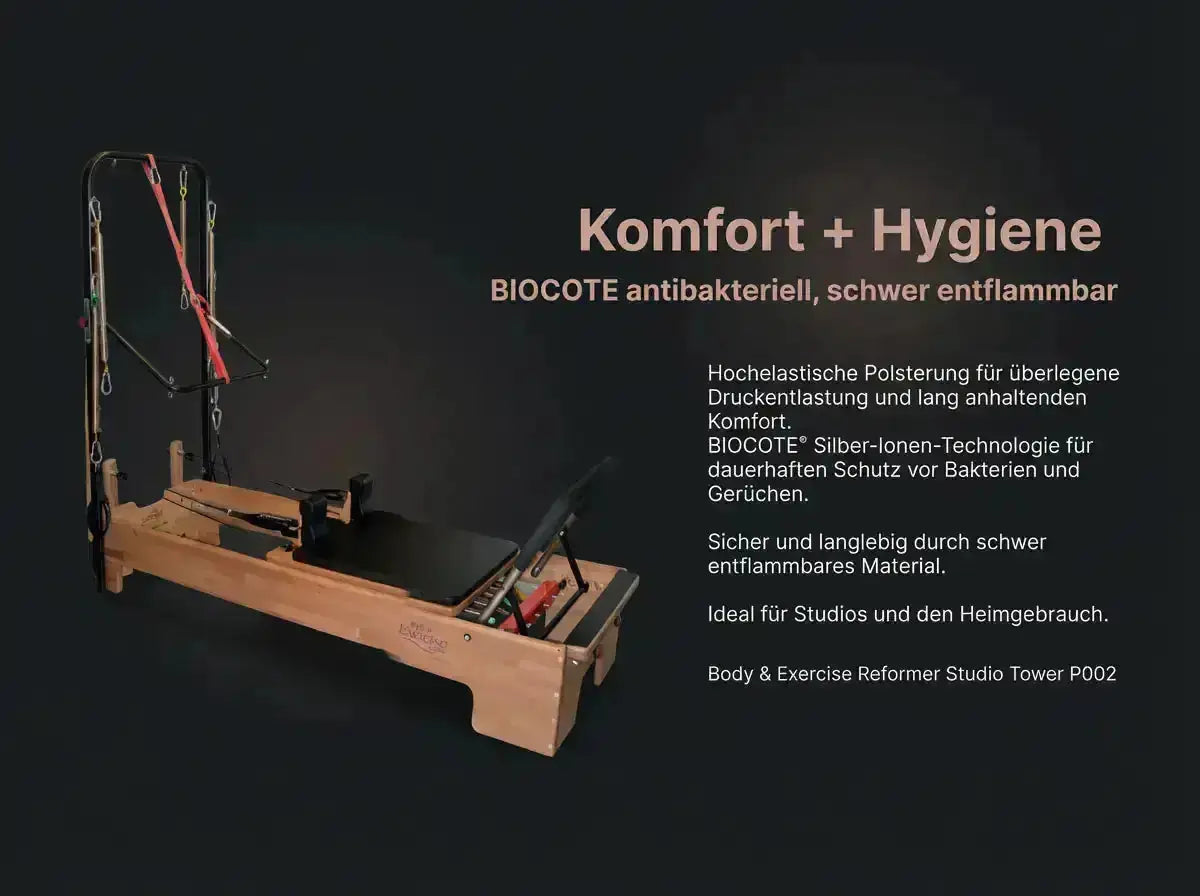 Body & Exercise Reformer Studio Tower P002 aus Holz, Seitenansicht mit Infotext zur Polsterung