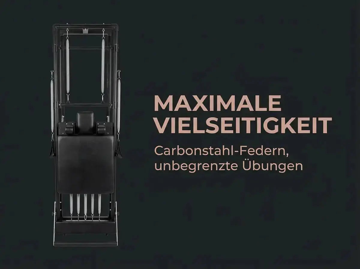 Body & Exercise Reformer Tower Black Edition, Grafik zu Carbonstahl-Federn und Übungsvielfalt