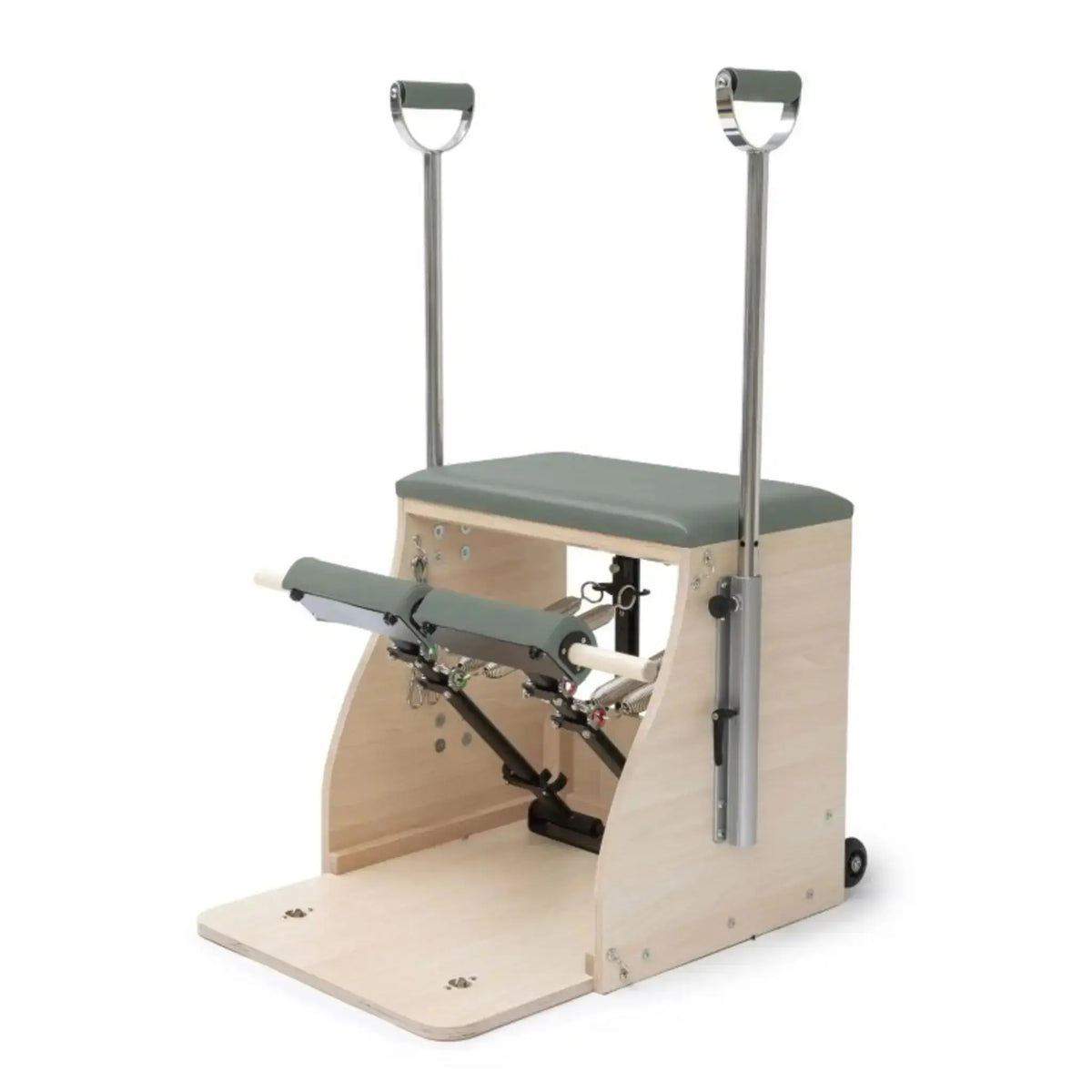 Elina Pilates Combo Chair Elite mit Polster in Grün, Schrägansicht mit Haltegriffen