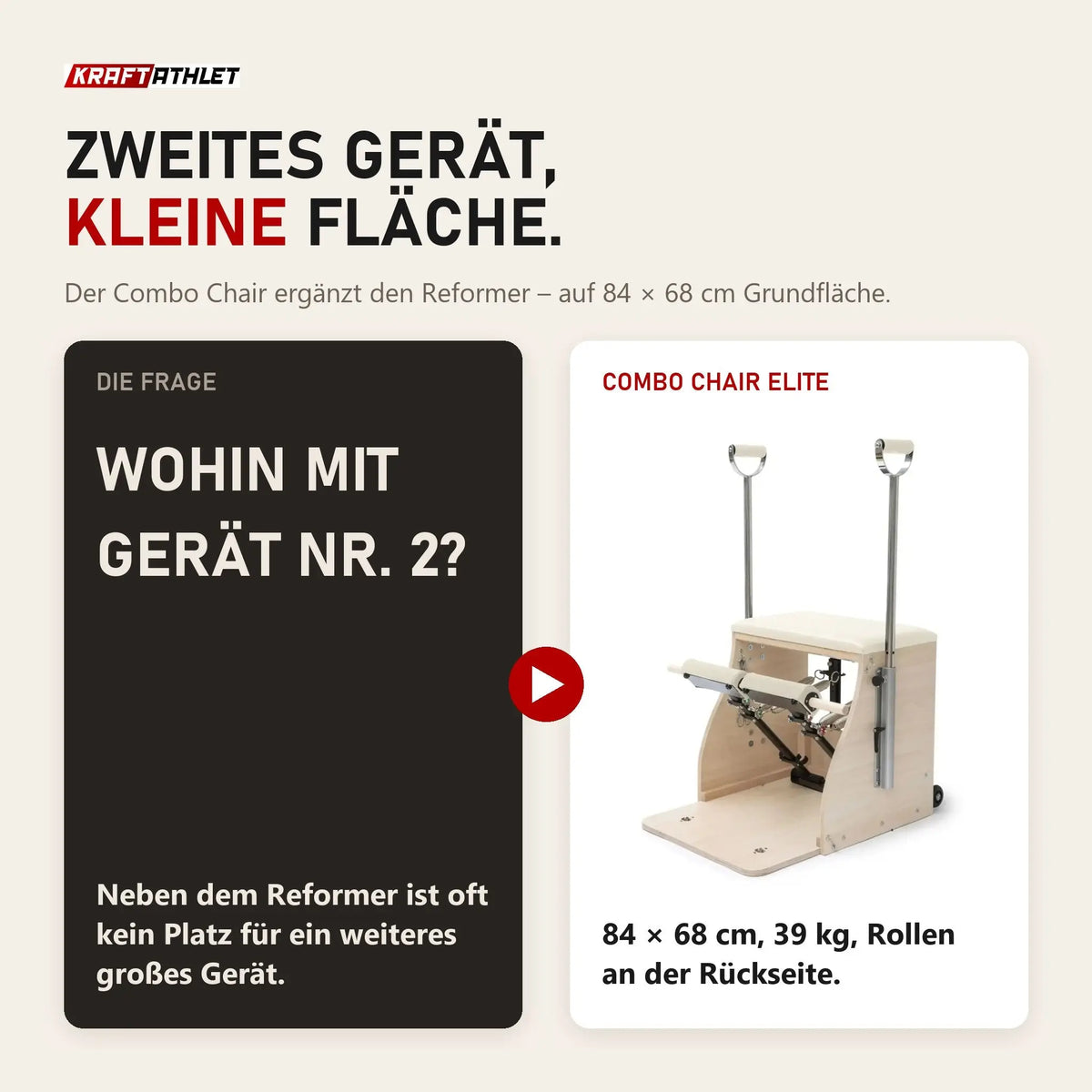 Gegenüberstellung: Platzfrage im Studio und Elina Pilates Combo Chair Elite mit 84 × 68 cm Grundfläche