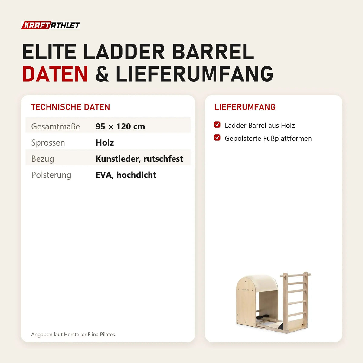 Technische Daten und Lieferumfang des Elina Pilates Elite Ladder Barrel als Tabelle