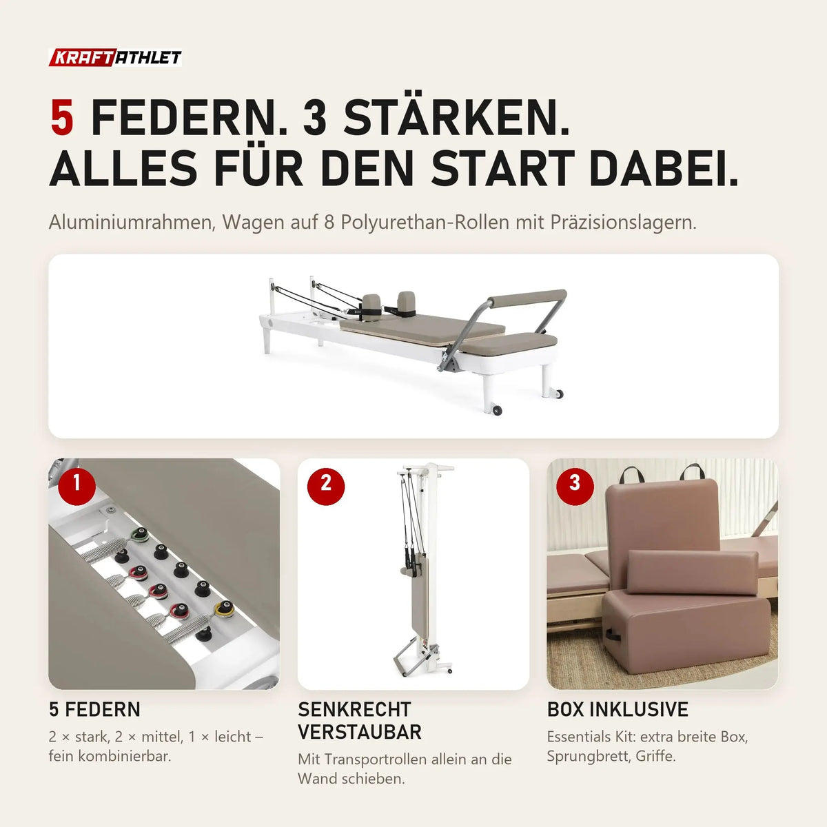 Elina Pilates Nubium Reformer in Taupe mit Detailbildern der 5 Federn, der senkrechten Aufbewahrung und der Box