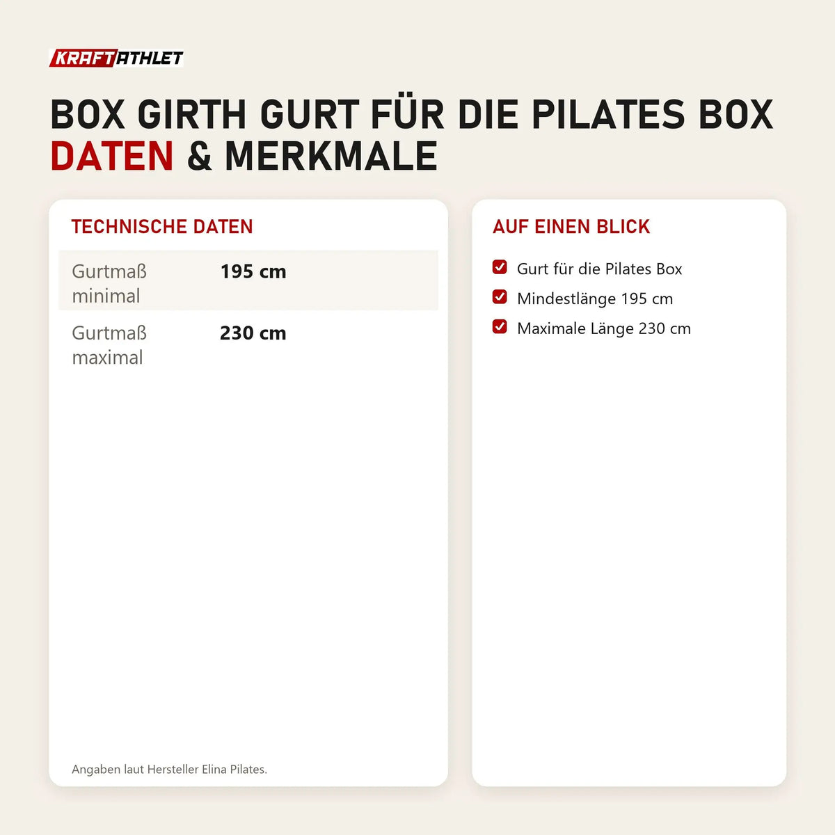 Technische Daten und Merkmale von Elina Pilates Box Girth Gurt für die Pilates Box als Tabelle