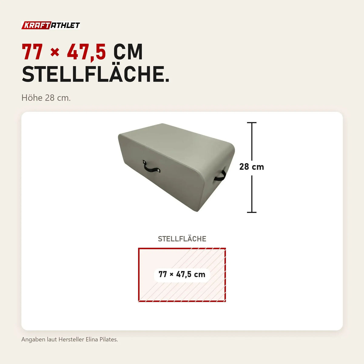 Maßbild Elina Pilates Box groß Pilates-Box: Stellfläche 77 × 47,5 cm, Höhe 28 cm
