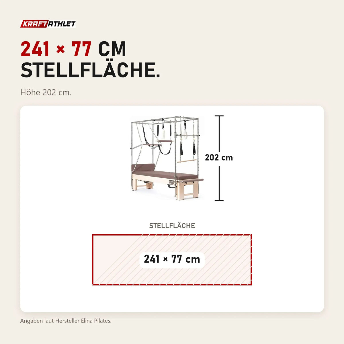 Maßbild Elina Pilates Cadillac Elite Reformer aus Rock-Ahorn: Stellfläche 241 × 77 cm, Höhe 202 cm