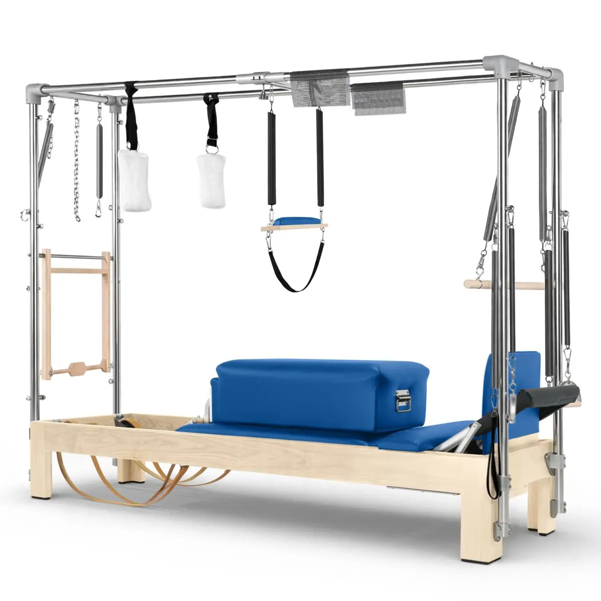 Elina Pilates Cadillac Reformer aus Ahornholz, Seitenansicht mit Polstern in Blau und Trapez-Rahmen aus Aluminium