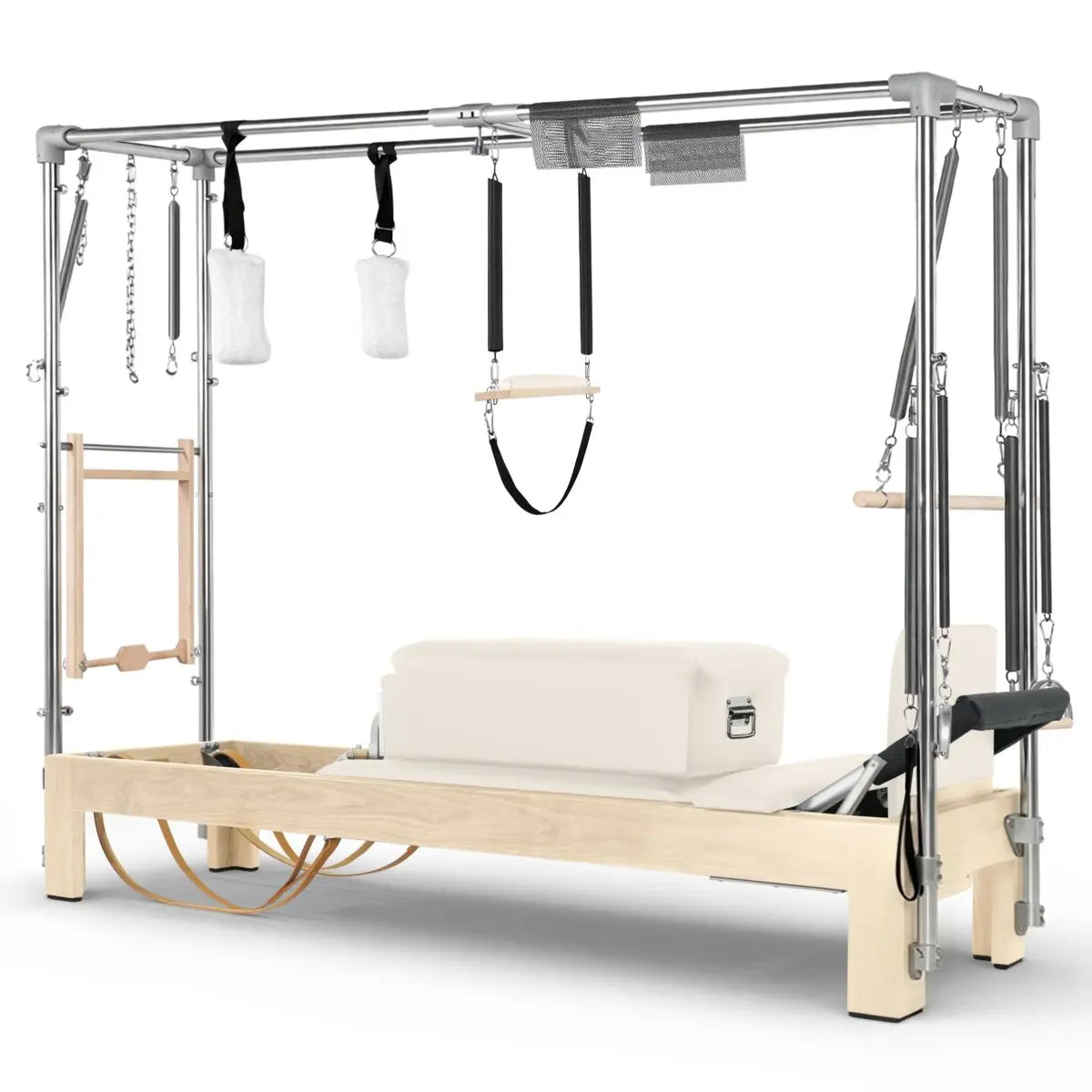 Elina Pilates Cadillac Reformer aus Ahornholz, Seitenansicht mit Polstern in Elfenbein und Trapez-Rahmen aus Aluminium