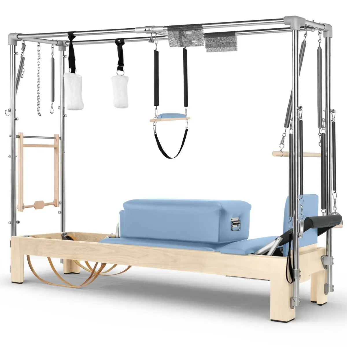 Elina Pilates Cadillac Reformer aus Ahornholz, Seitenansicht mit Polstern in Ozeanblau und Trapez-Rahmen aus Aluminium