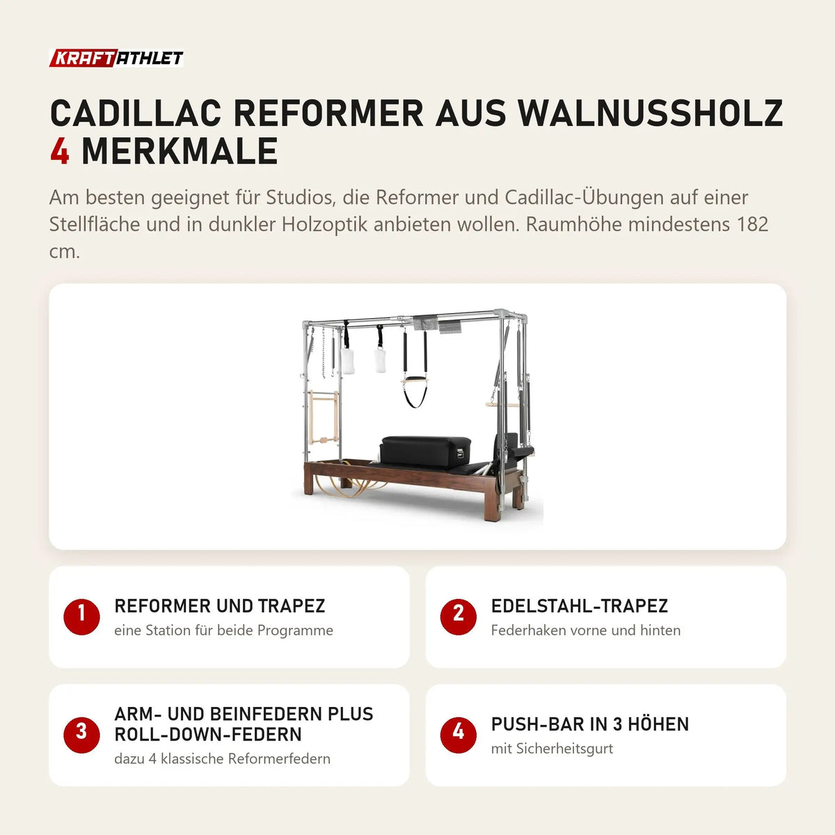 Elina Pilates Cadillac Reformer aus Walnussholz mit 4 Merkmalen: Reformer und Trapez, Edelstahl-Trapez, Arm- und Beinfedern plus Roll-Down-Federn, Push-Bar in 3 Höhen