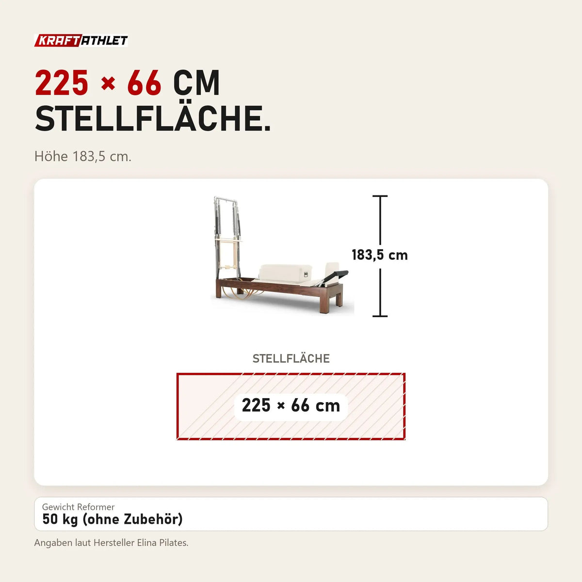 Maßbild Elina Pilates Classic Reformer mit Tower aus Walnussholz: Stellfläche 225 × 66 cm, Höhe 183,5 cm