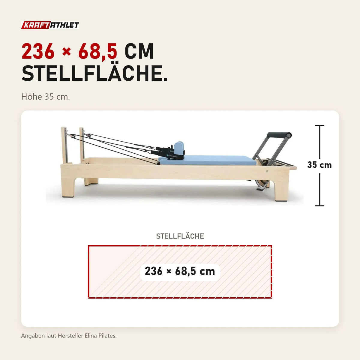 Maßbild Elina Pilates Club Reformer aus Ahornholz: Stellfläche 236 × 68,5 cm, Höhe 35 cm