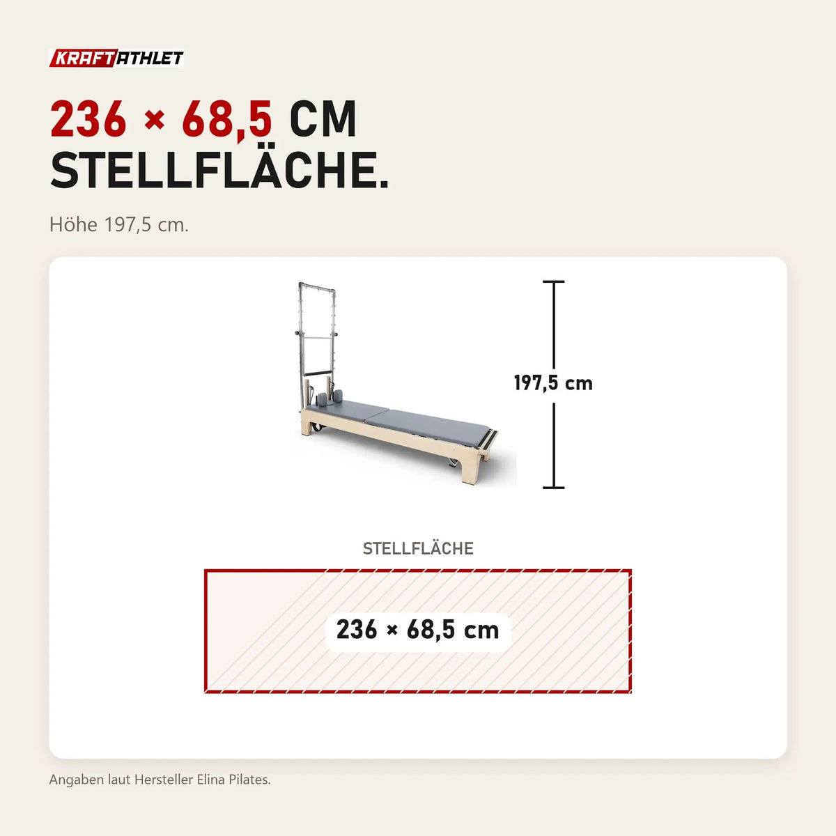 Maßbild Elina Pilates Club Reformer mit Tower aus Ahornholz: Stellfläche 236 × 68,5 cm, Höhe 197,5 cm