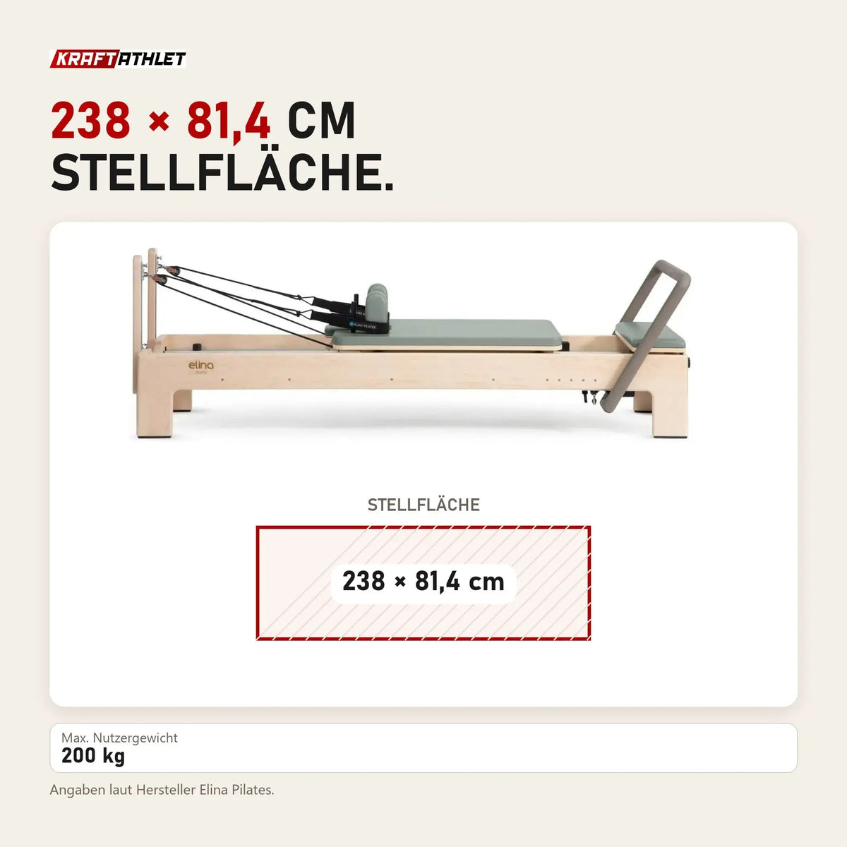 Maßbild Elina Pilates Elite Advanced Reformer aus Ahornholz: Stellfläche 238 × 81,4 cm